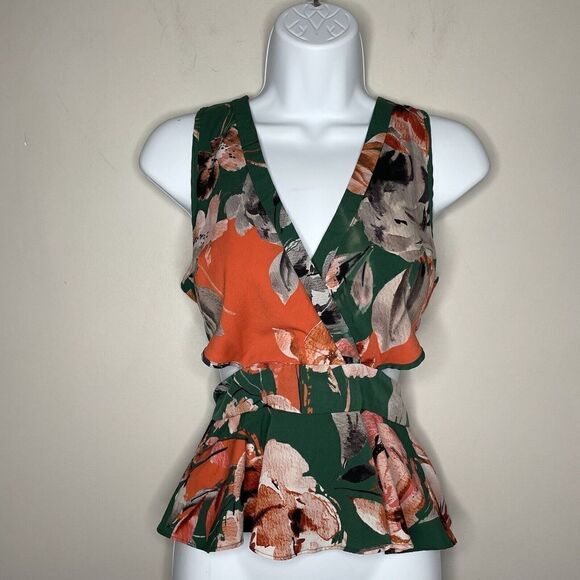 MARISSA WEBB Top Womens 0 Cutout Floral Peplum Green Orange Open Back - Picture 4 of 13